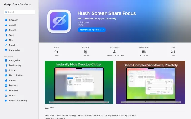 Hush – auto-detect screen sharing and blur your desktop for macOS