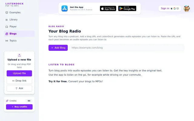 ListenDock – turn blogs and PDFs into audio