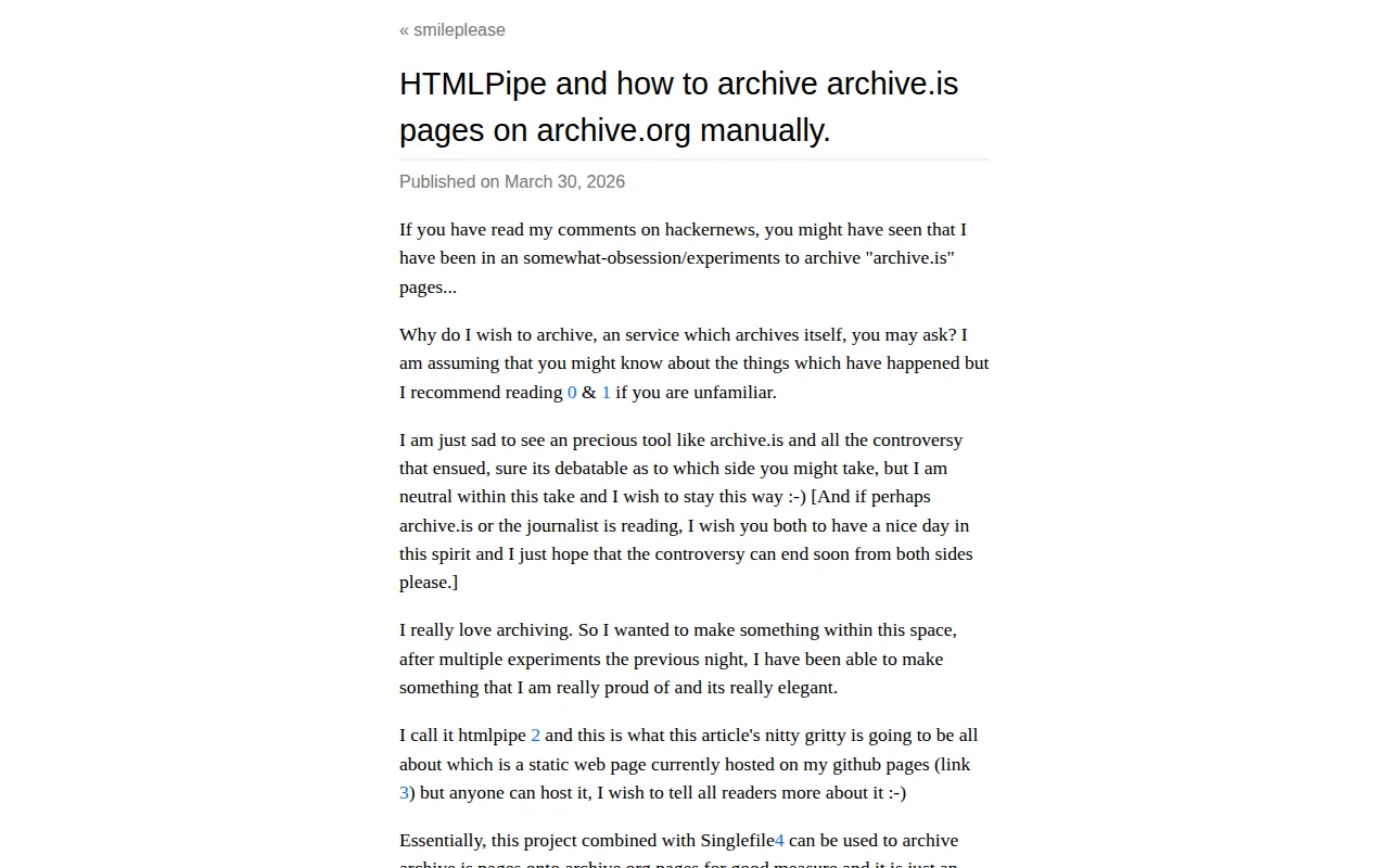 HTMLPipe, and how to archive archive.is pages on archive.org manually
