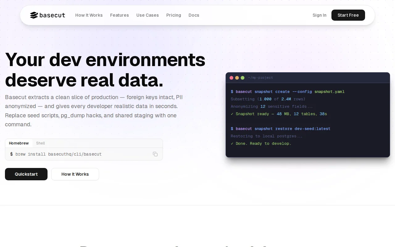 Basecut – share subsetted, sanitized prod snapshots with your dev team