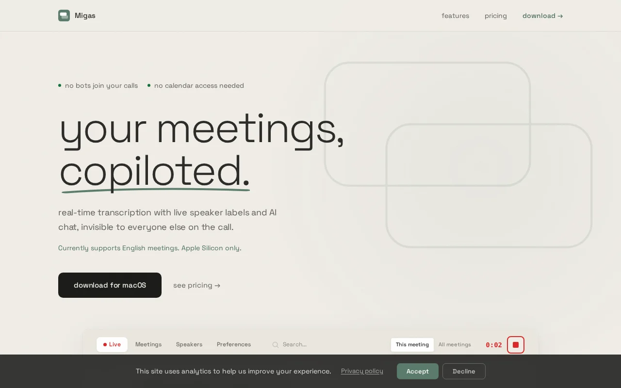 Migas – Meeting copilot with live speaker labels (no bot, no cloud STT)