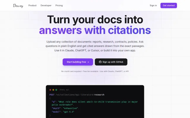 Dewey – Ingest docs, search semantically, get cited AI answers