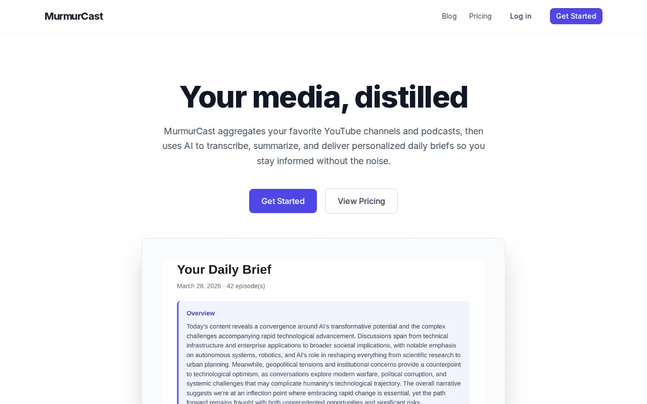 MurmurCast – Daily briefs from your podcasts, YouTube, and newsletters