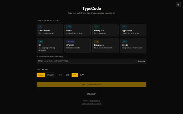 A typing trainer that uses real code snippets