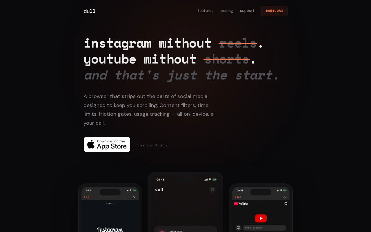 Dull – Instagram Without Reels, YouTube Without Shorts (iOS)