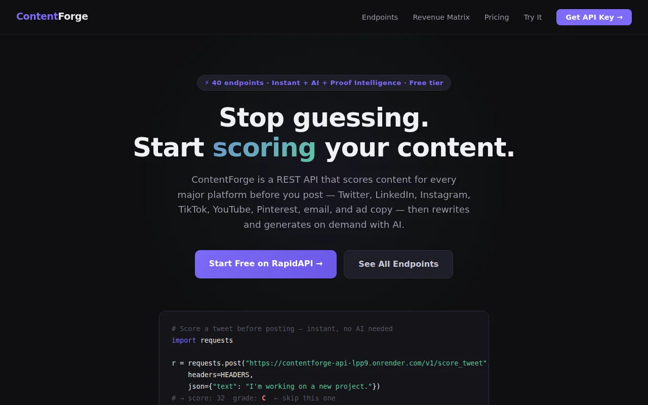 ContentForge – Content scoring API (42 endpoints, 12 platforms)