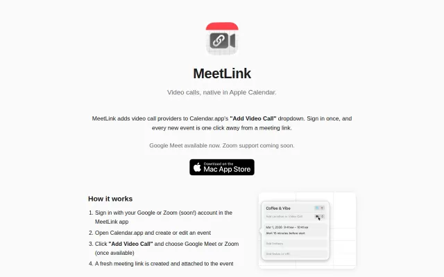 I use macOS calendar and have calls. MeetLink adds vid links to events
