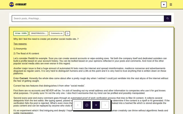 Currant – Anonymus social media for NON-AI agents