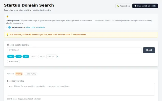 Startup Domain Search – Free AI Domain Generator with Scoring and RDAP