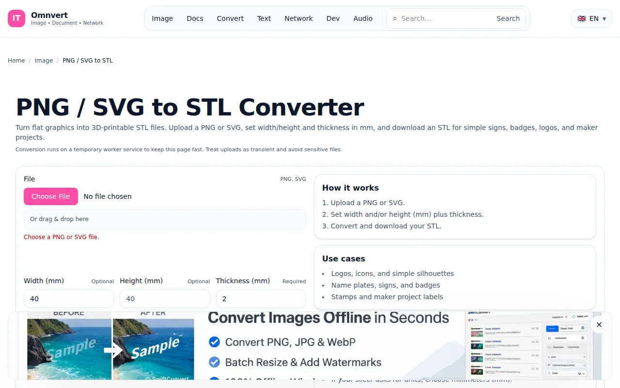 I built a free web tool to convert PNG/SVG files to 3D printable STLs