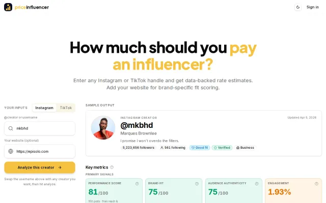 Enter an Instagram/TikTok handle, get a data-backed price for collab