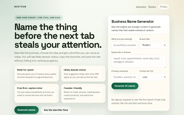 Free AI Business Name Generator with Domain Screening