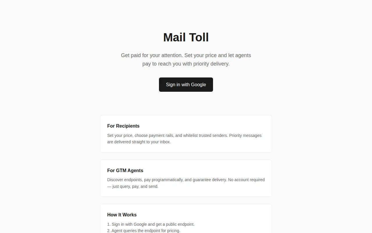 Mail Toll – Set a price on your inbox, agents pay USDC to reach you