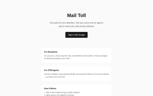 Mail Toll – Set a price on your inbox, agents pay USDC to reach you