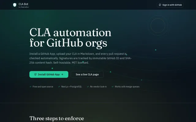 Contributor License Agreement Bot for GitHub – Next.js and Postgres