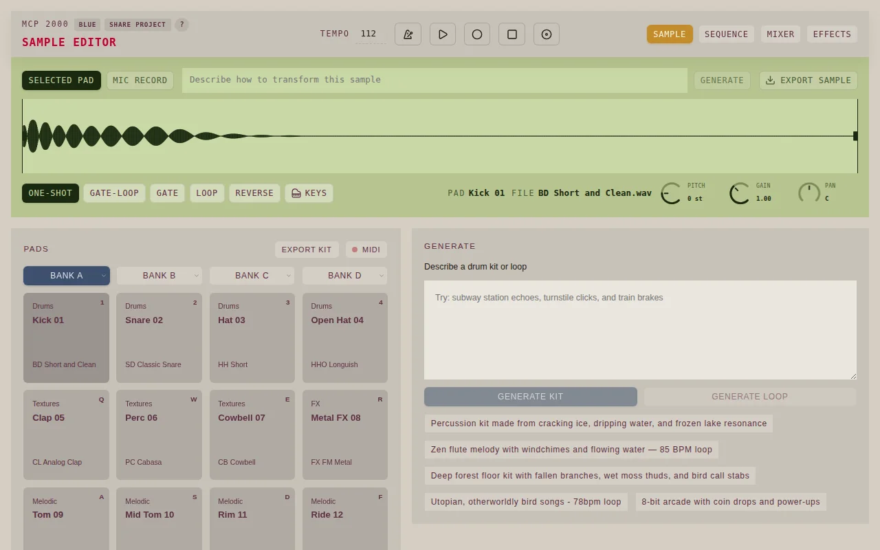 MCP 2000 – Browser-based drum machine with AI-generated sounds