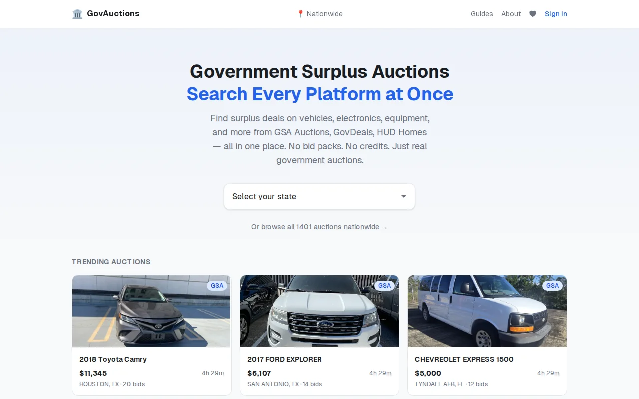 GovAuctions lets you browse government auctions at once