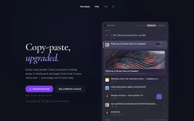 NanoClip – A minimalist clipboard manager and snippet expander for Mac