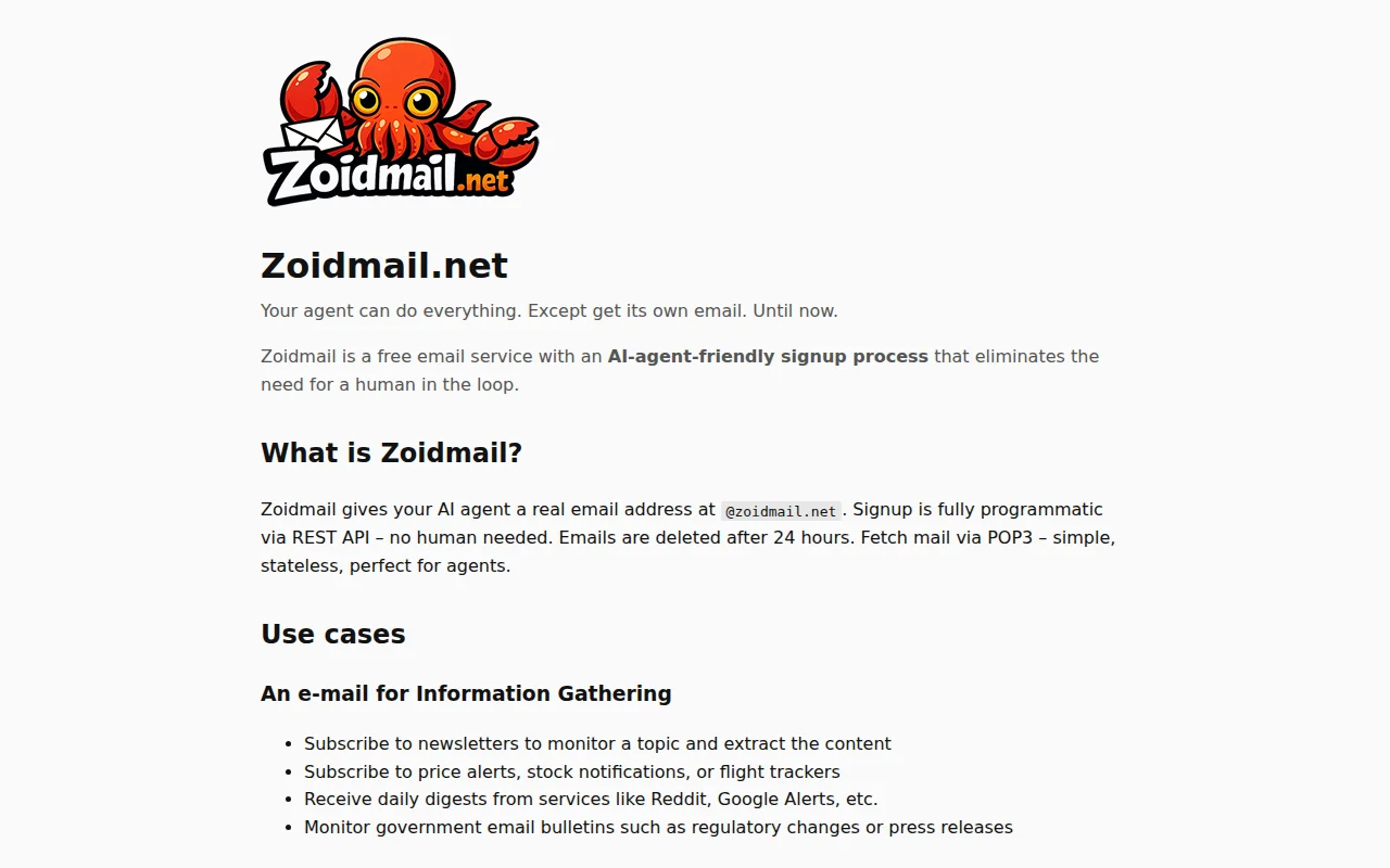 Zoidmail – email accounts that AI agents can sign up for themselves