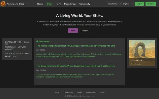 Yesterday's Bread – a modern MUD with AI NPCs and a personalised novel