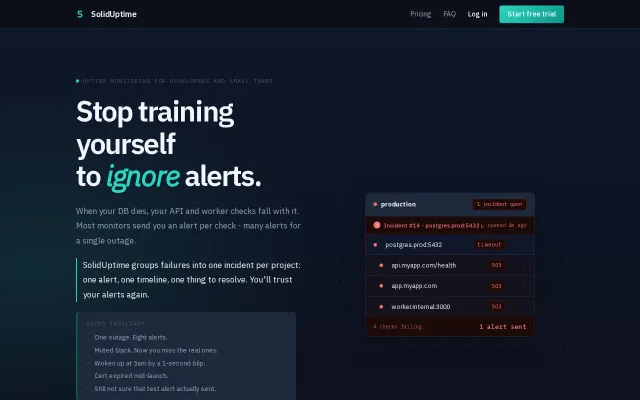 SolidUptime – Uptime monitoring with incident grouping (free, no CC)