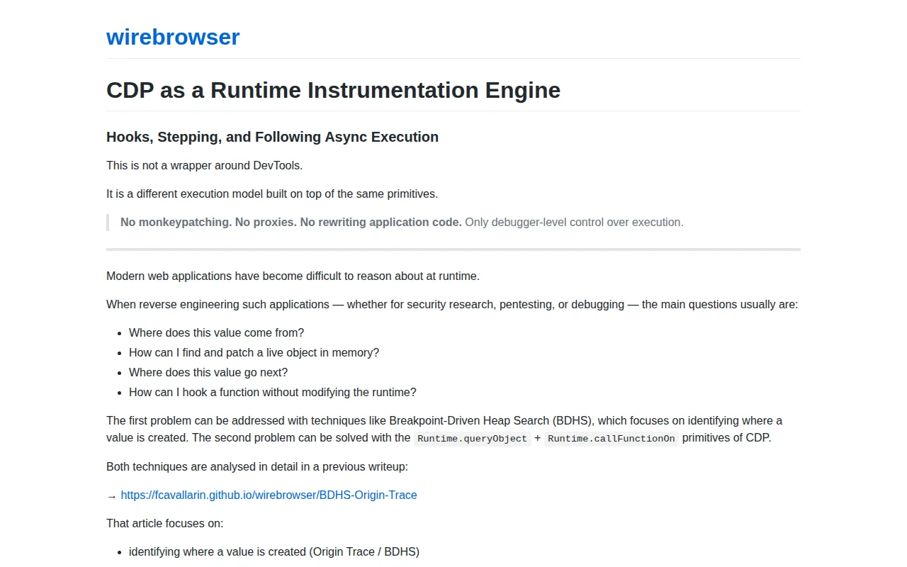 JavaScript runtime instrumentation via Chrome DevTools Protocol