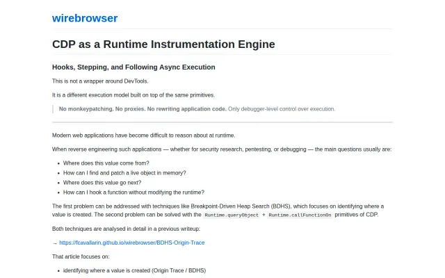 JavaScript runtime instrumentation via Chrome DevTools Protocol