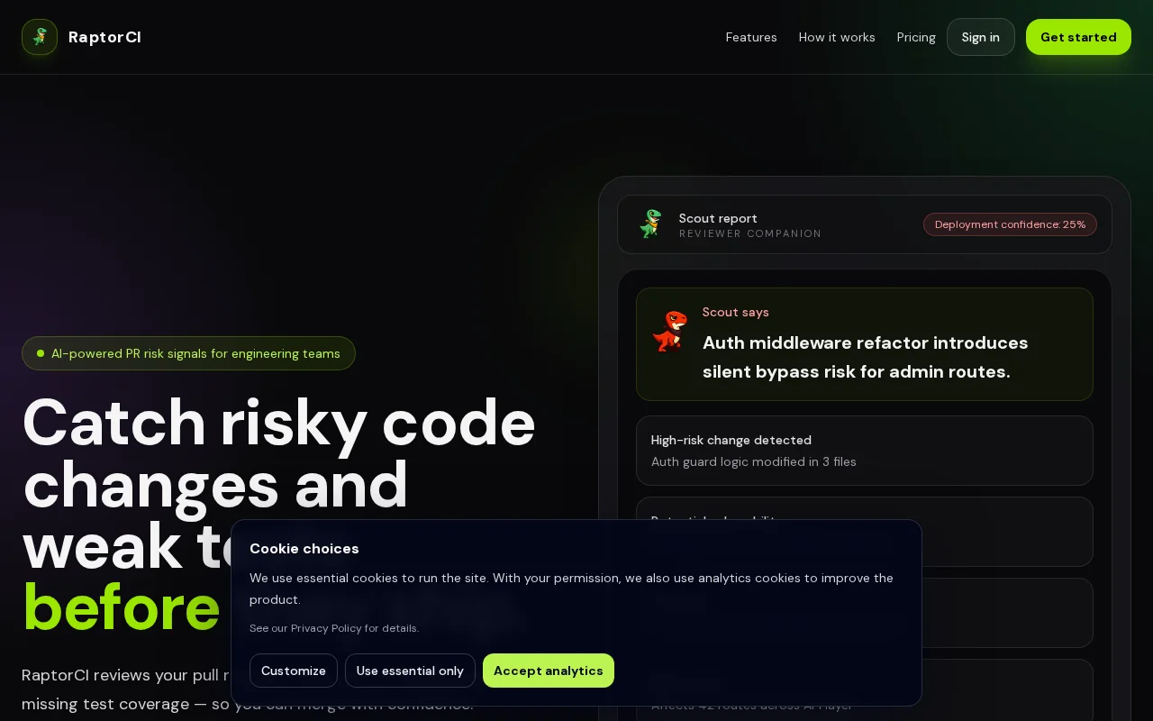 RaptorCI – Catch risky code changes and weak tests before they ship