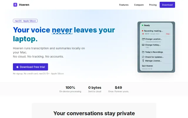 Hoeren – Local-only meeting transcription and voice dictation