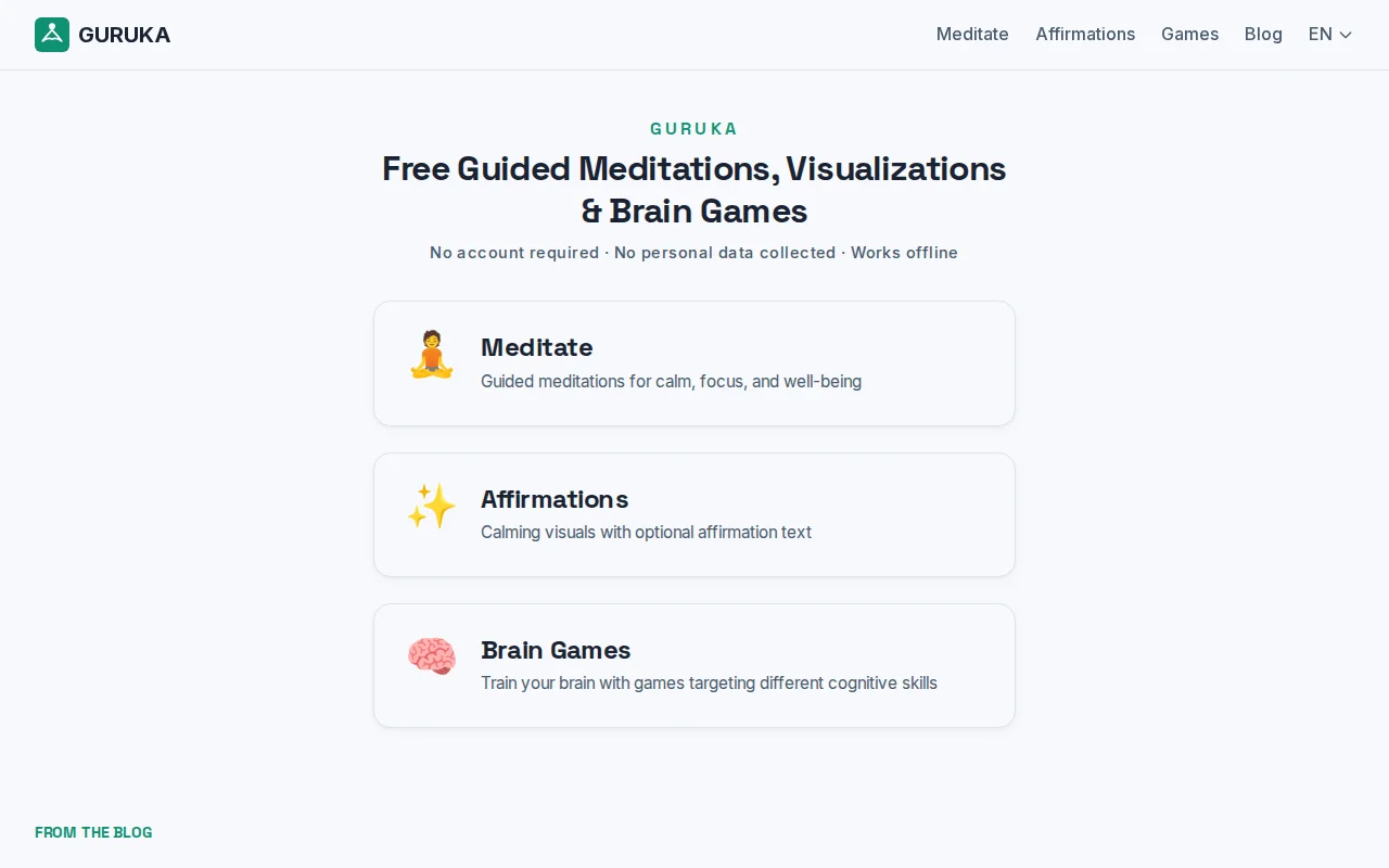 Guruka.com – free guided mediations. No signup, private, works offline