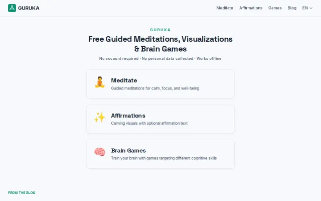 Guruka.com – free guided mediations. No signup, private, works offline