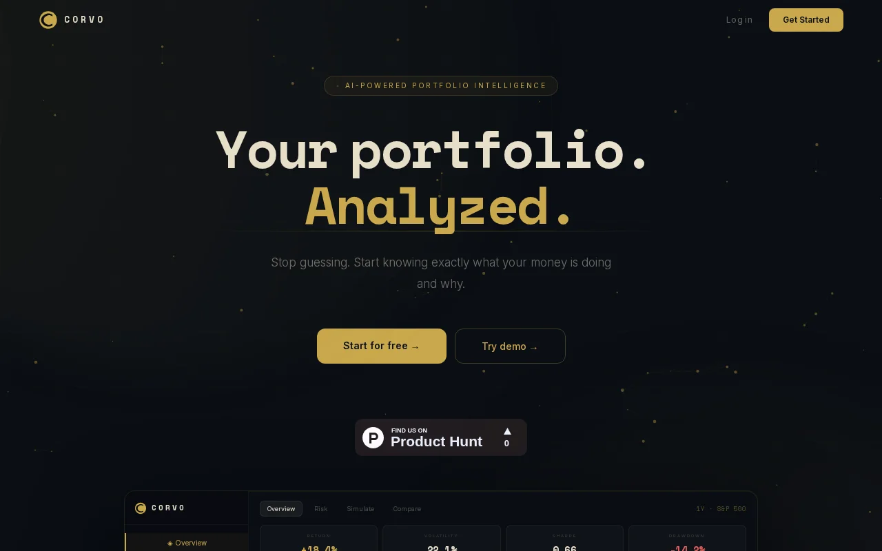 Corvo – Free portfolio analytics with MonteCarlo simulation and AI chat