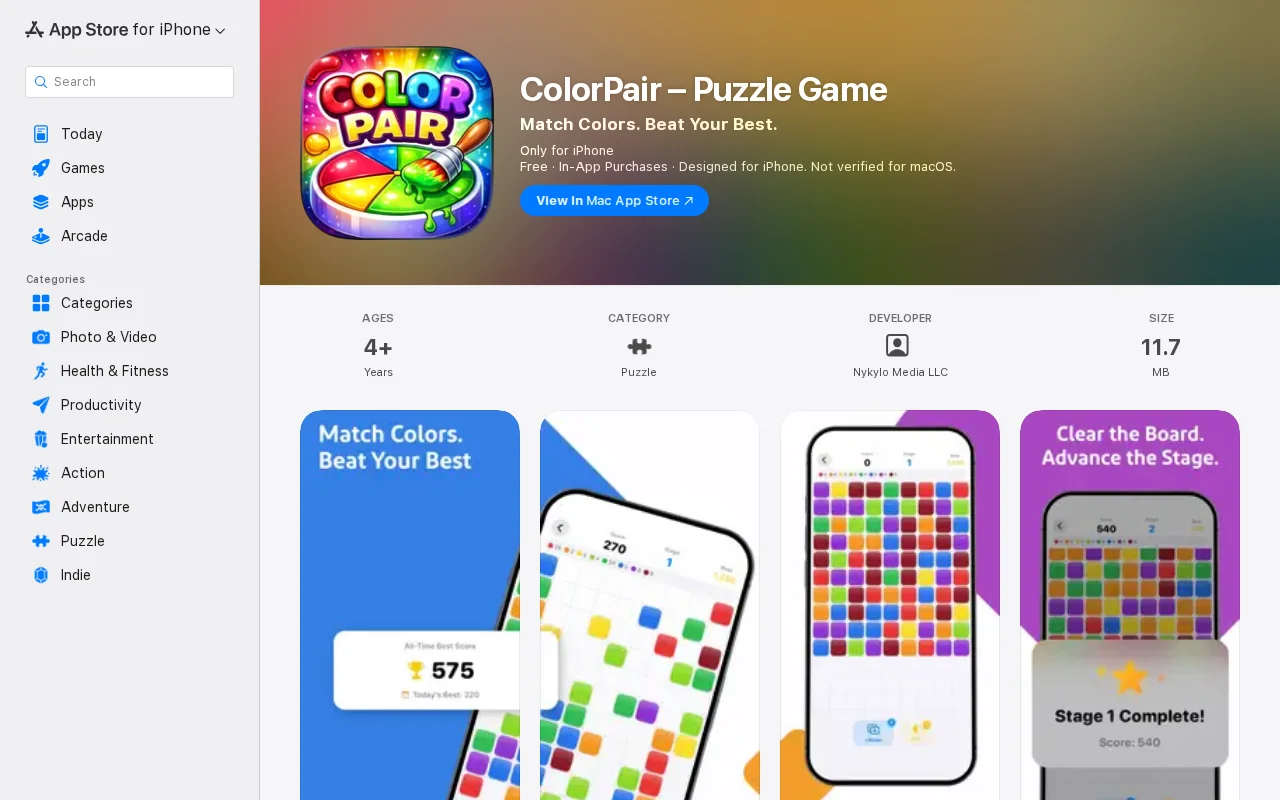 ColorPair – A free color-matching puzzle game for iOS