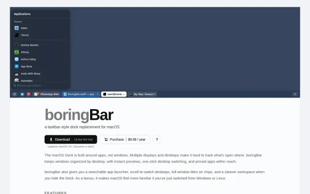boringBar – a taskbar-style dock replacement for macOS