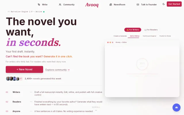 Avooq – generate a complete 250+ page novel in one click