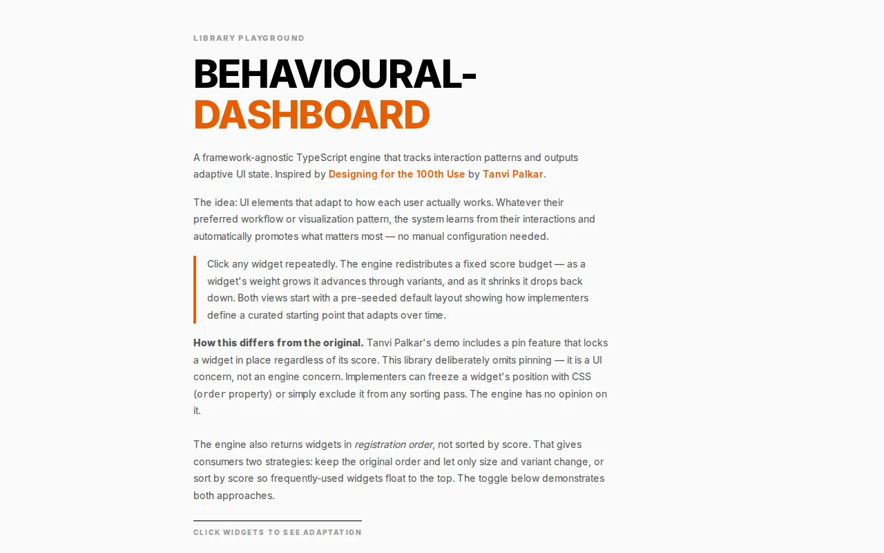 Behavioural-dashboard, framework agnostic library for living dashboards