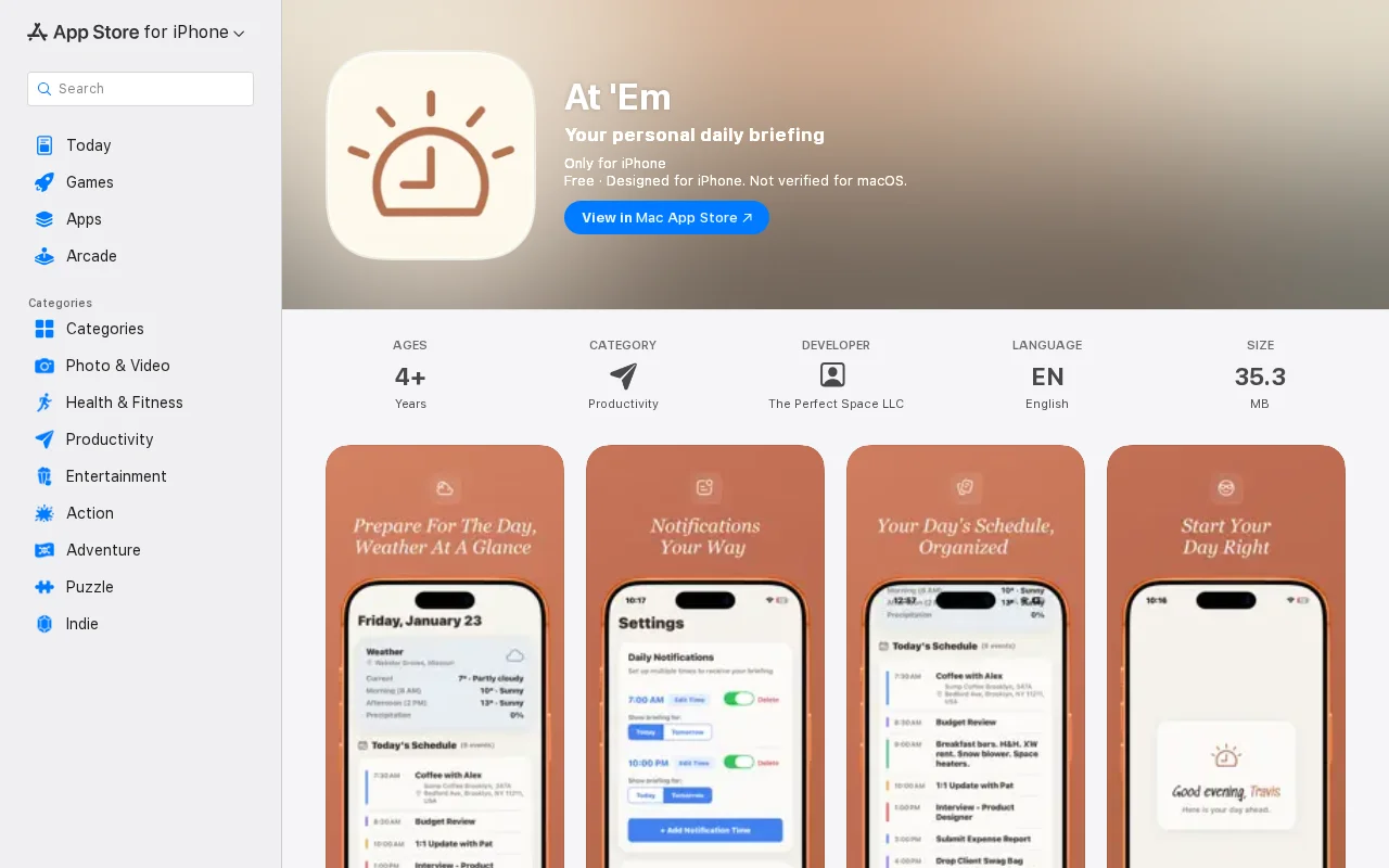 At 'Em – Daily briefing app showing your schedule, weather, and tasks