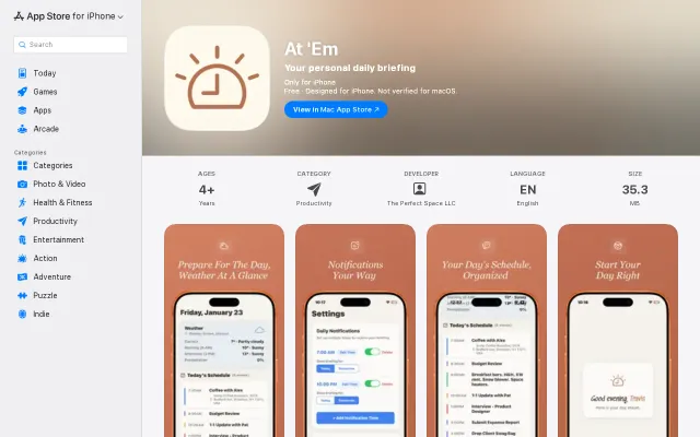 At 'Em – Daily briefing app showing your schedule, weather, and tasks