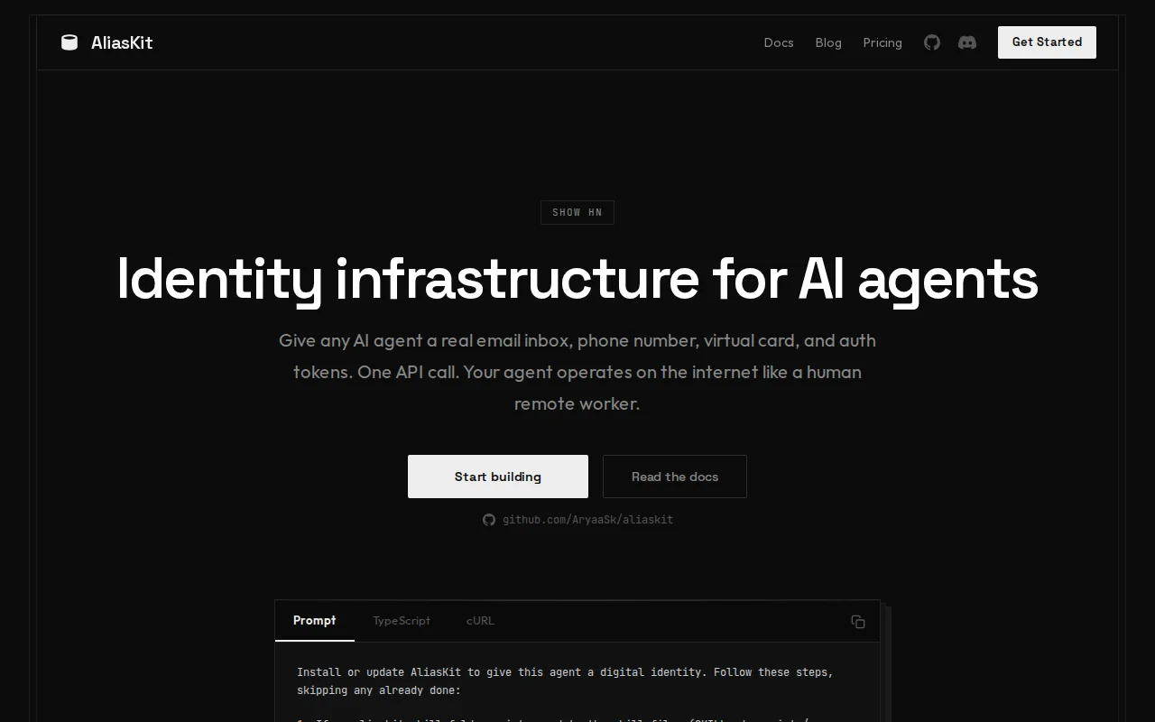 AliasKit – API so agents can sign up, pay, and prove who they are