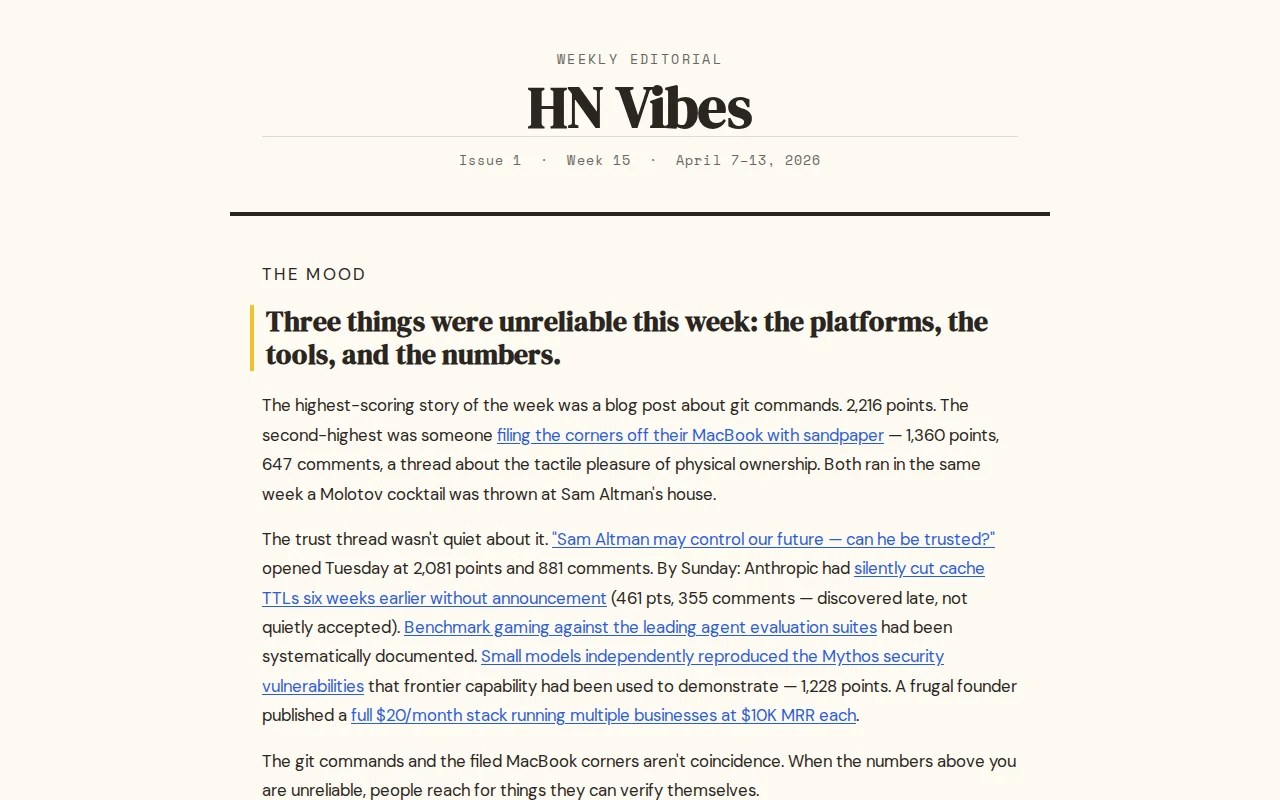 I made a weekly editorial on what HN was feeling and building