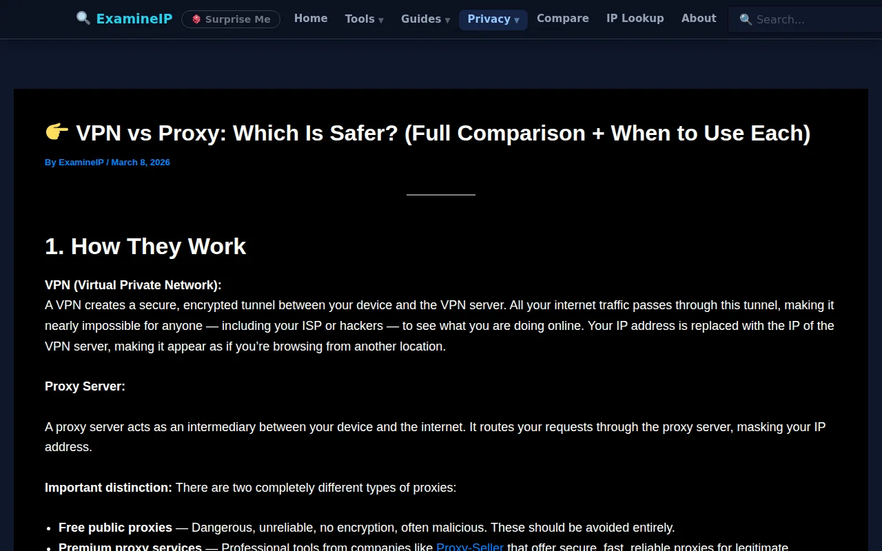 VPN vs. Proxy Safety Comparison (with leak testing tools)
