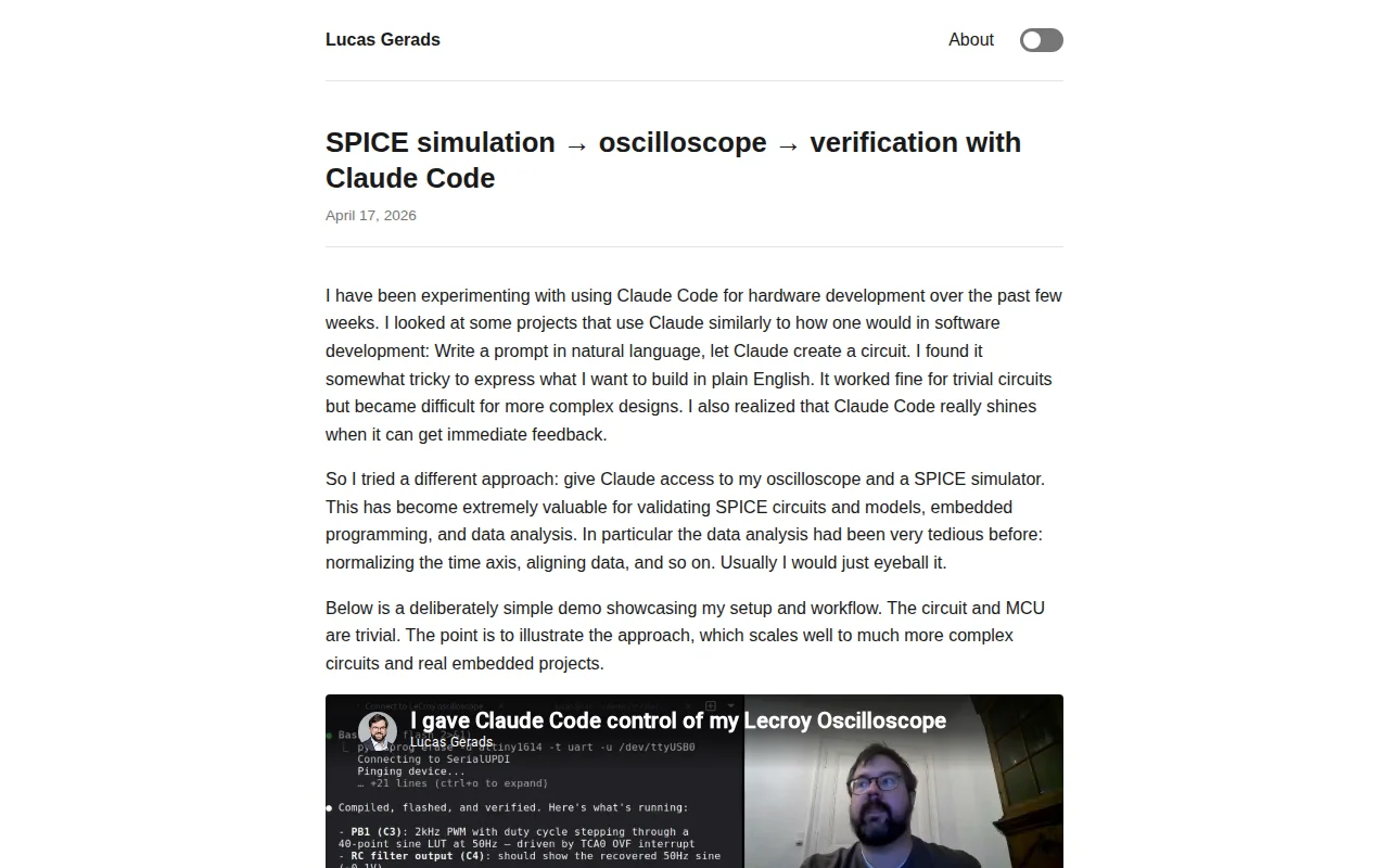 Spice simulation → oscilloscope → verification with Claude Code