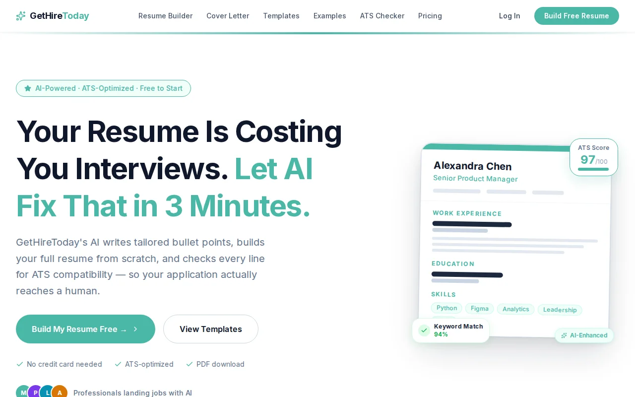 GetHireToday – AI resume builder that targets ATS keyword matching
