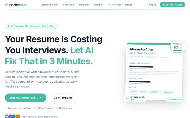 GetHireToday – AI resume builder that targets ATS keyword matching