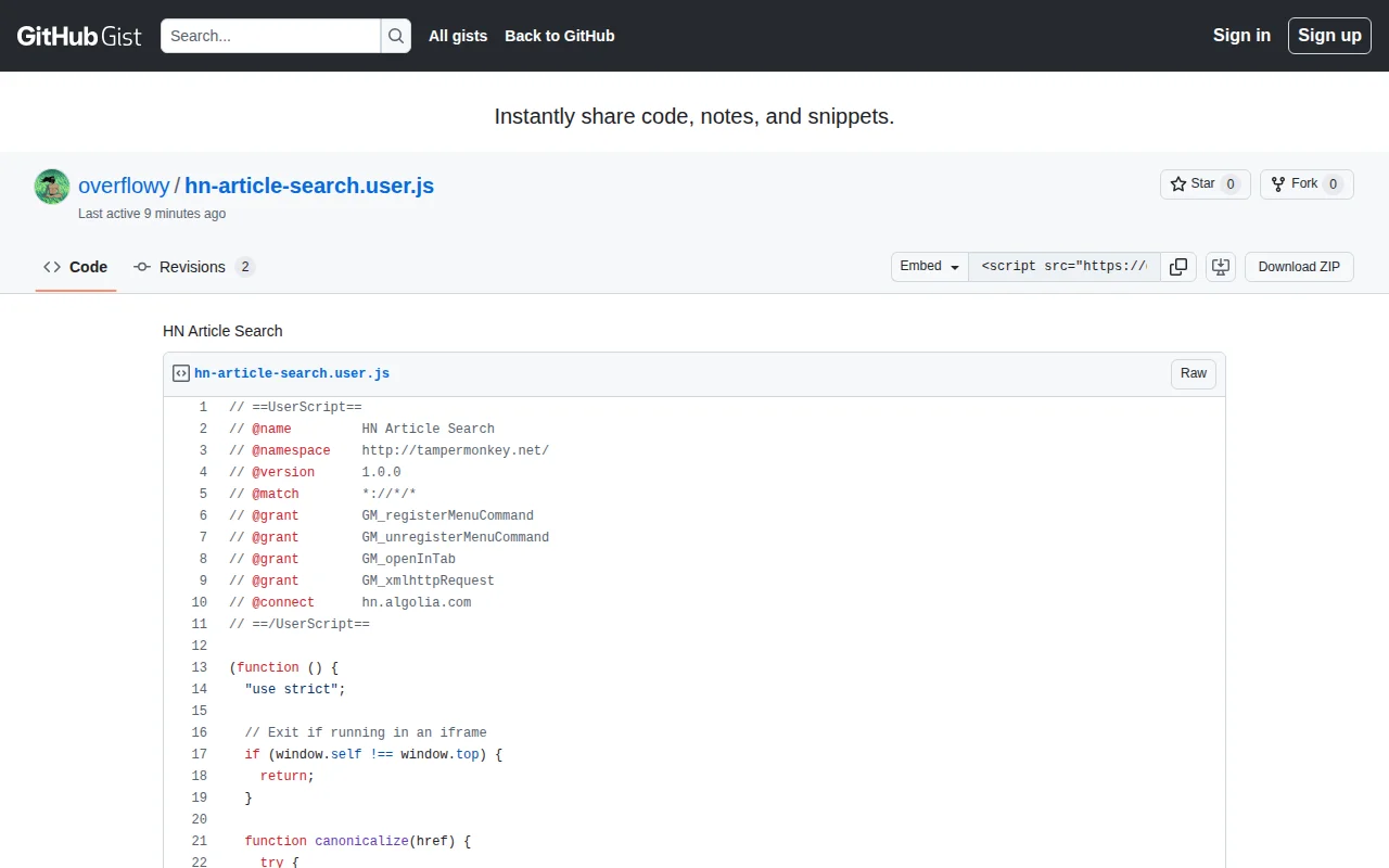 Userscript that shows HN submission count for any page