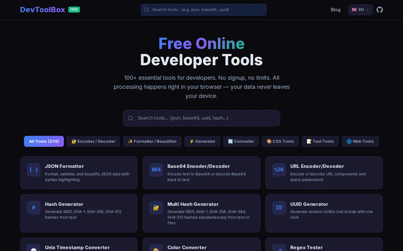 DevToolBox – 88 client-side developer tools, no tracking, 9 languages