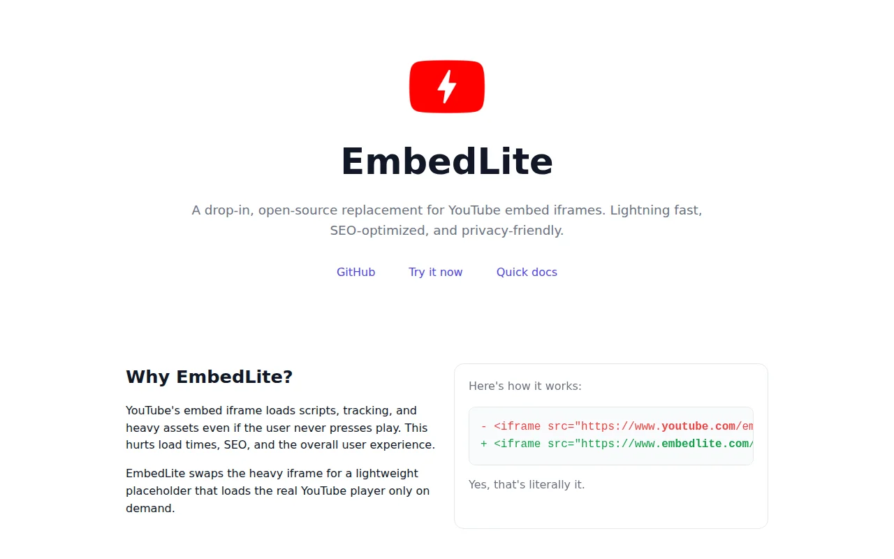 A drop-in, open-source replacement for YouTube embed iframes