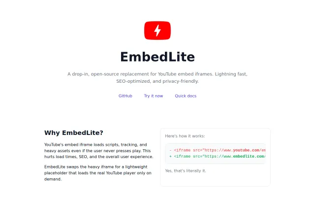 A drop-in, open-source replacement for YouTube embed iframes