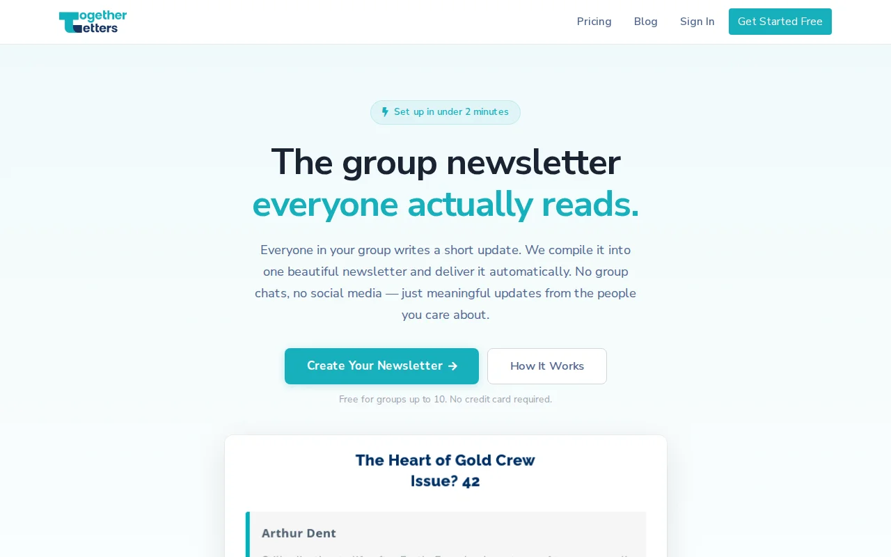 TogetherLetters – Group newsletters with no app, no feed, no login