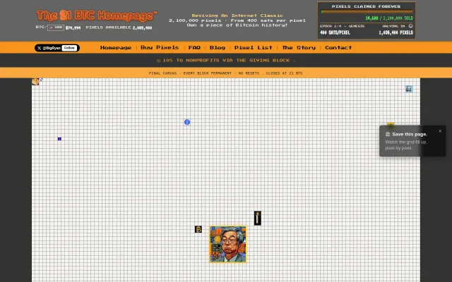 Million Dollar Homepage, 21 years later, priced in satoshis